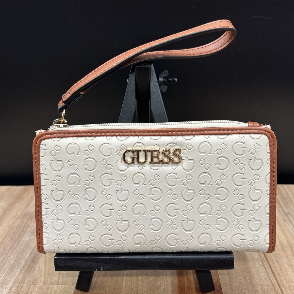 GUESS Beige With Brown Trim Embossed Wristlet‎ Wallet